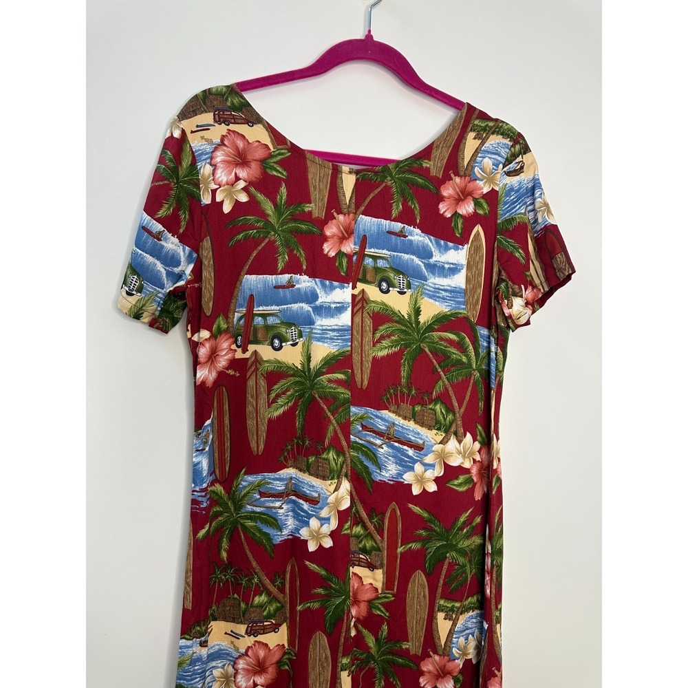 Hilo Hattie Red Tropical Scenic Surfboard Rayon Midi Dress Small Hawaiian Floral - Picture 11 of 14